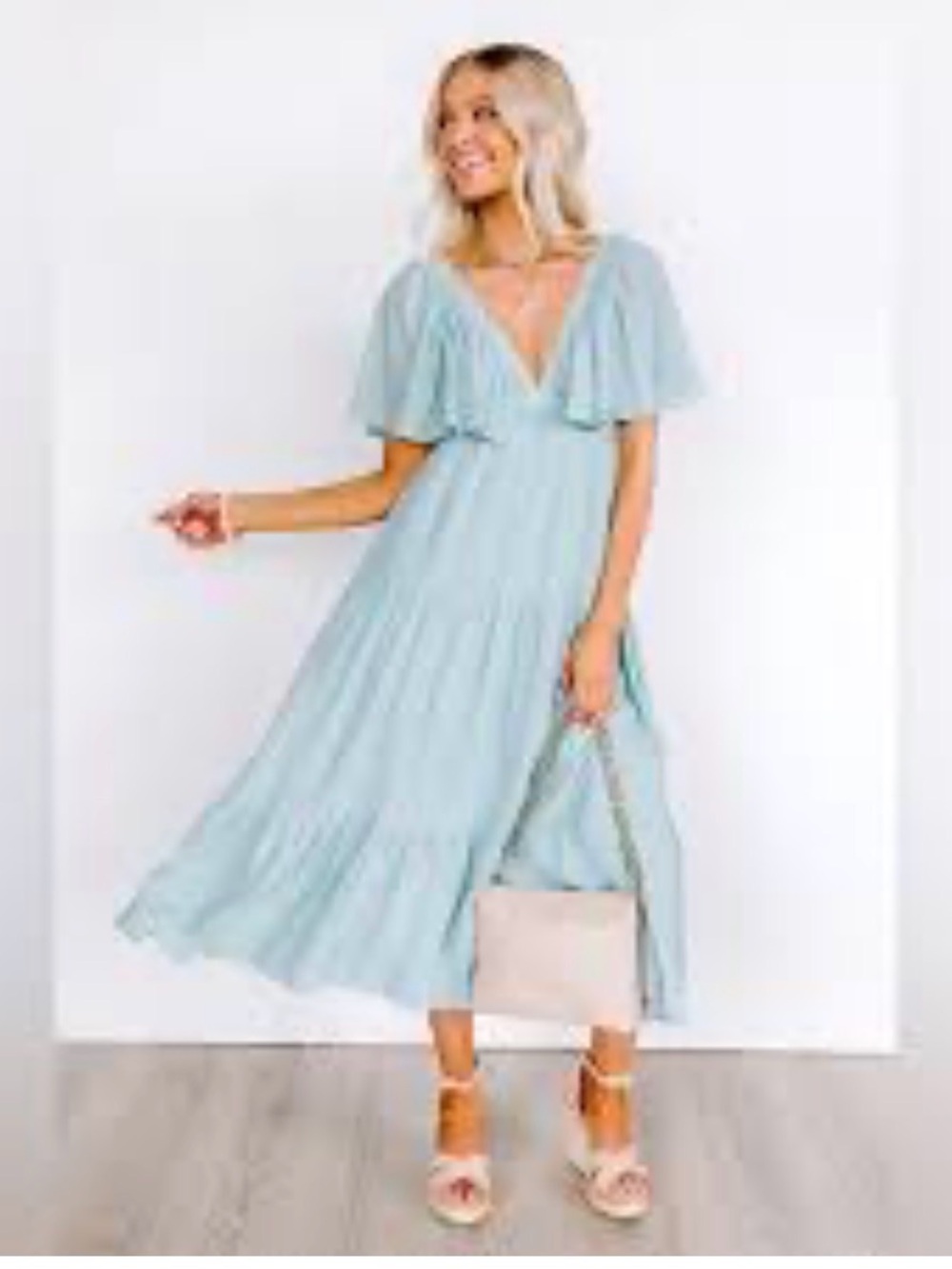 V-Neck Flutter Sleeve Maxi Dress in Light Blue